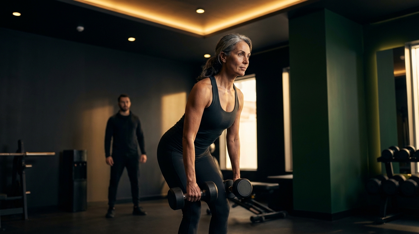 Mujer adulta realizando peso muerto rumano con mancuernas en un gimnasio premium con supervisión al fondo