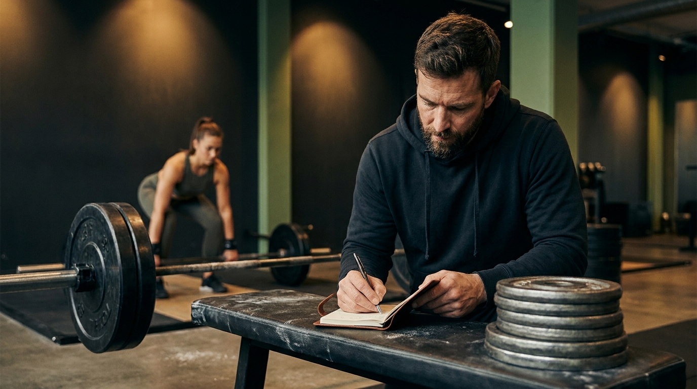 Hombre anotando sus series en una libreta junto a una barra cargada y discos en un gimnasio oscuro con detalles verdes y dorados