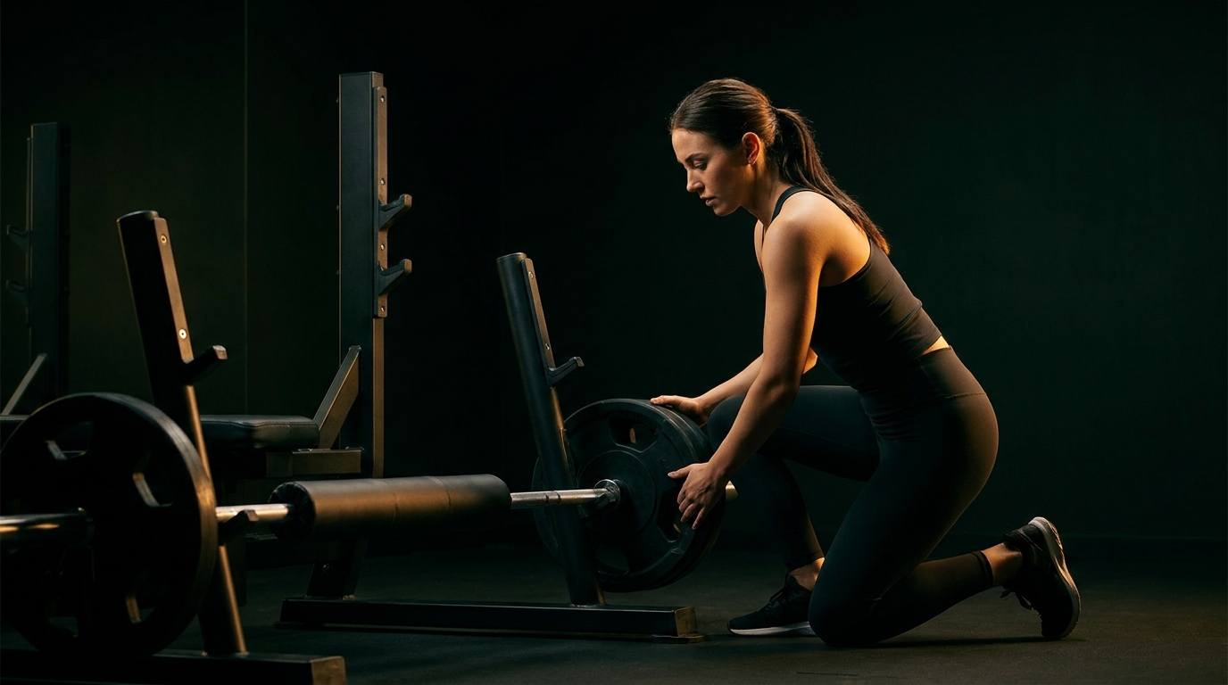 Mujer preparando una barra para hip thrust en un gimnasio oscuro con luz verde y dorada