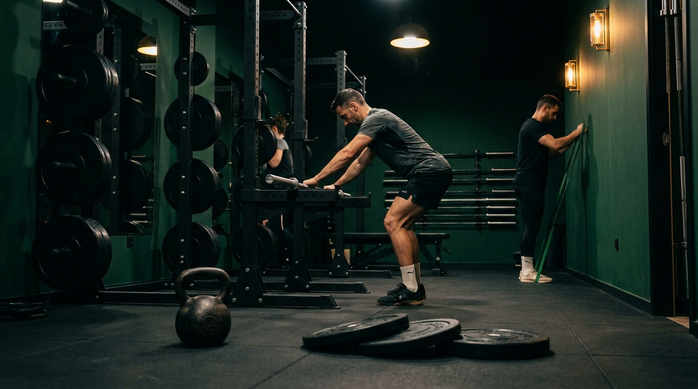 Hombre preparando una serie ligera junto a un rack de sentadilla mientras otra persona activa hombros con una banda en un gimnasio oscuro con detalles verdes y dorados