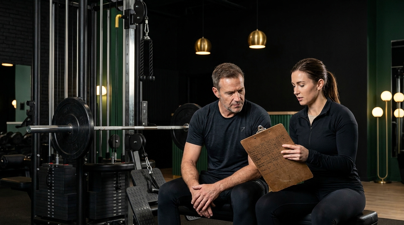 Entrenador y socio revisando un registro de entrenamiento junto a una barra cargada en un gimnasio oscuro con detalles verdes y dorados