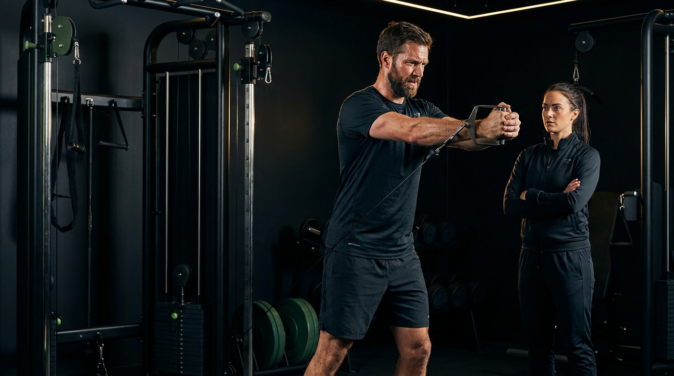 Atleta realizando un Pallof press en polea mientras una entrenadora observa la técnica en un gimnasio oscuro con detalles verdes y dorados