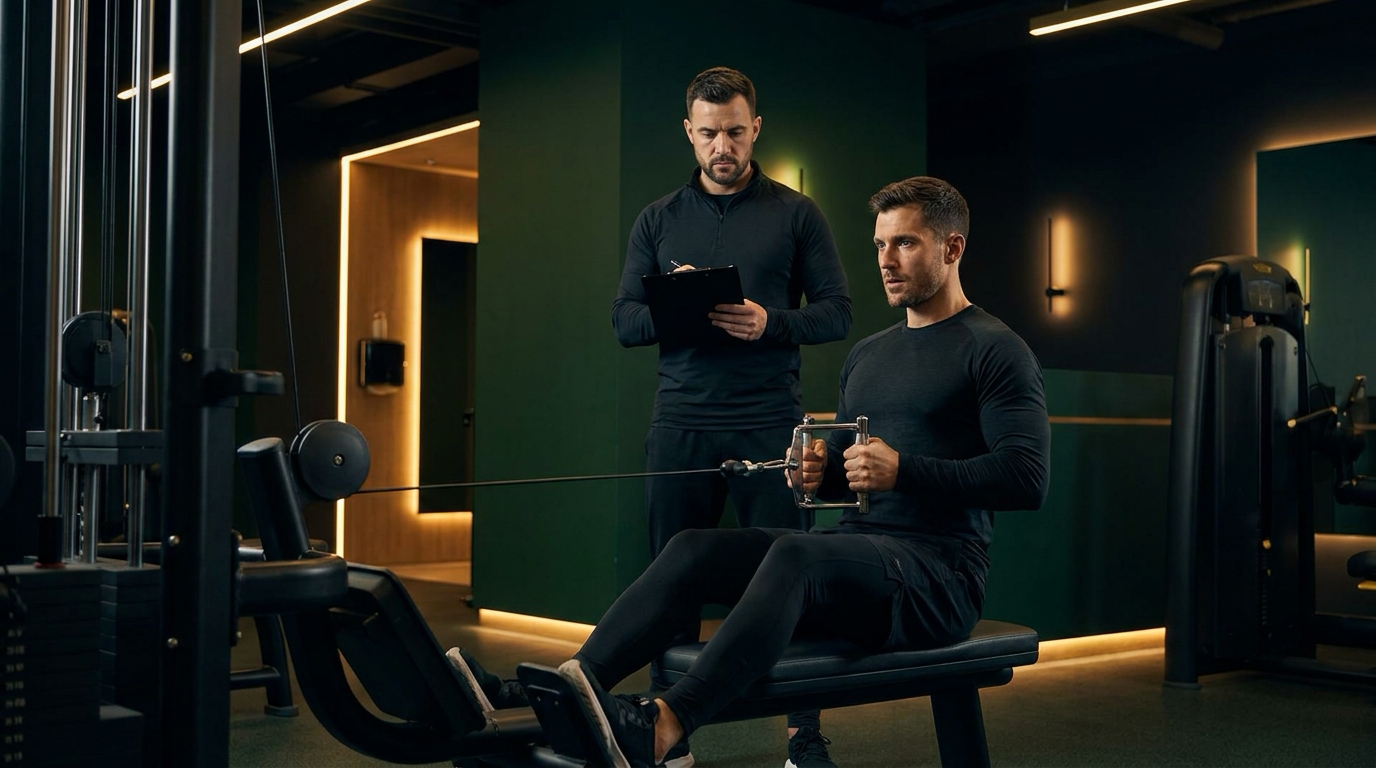 Entrenador observando a una socia hacer un remo en polea baja en un gimnasio oscuro con detalles verdes y dorados