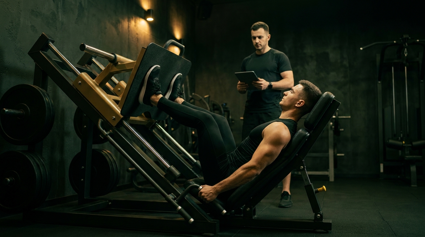 Atleta preparando la prensa de piernas mientras un entrenador revisa la posición de rodillas y pies en un gimnasio oscuro con luz verde y dorada