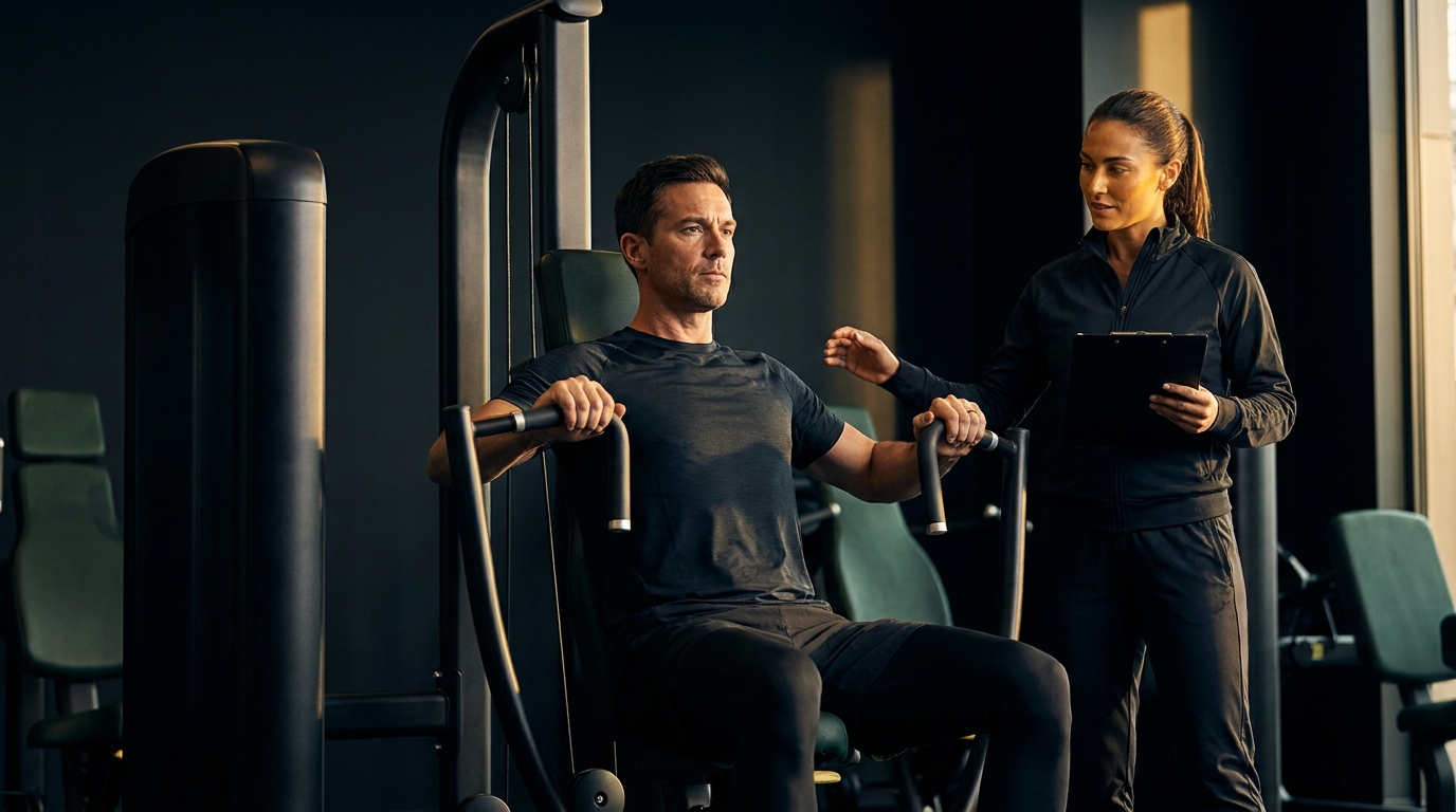 Socio realizando press de pecho en máquina mientras una entrenadora supervisa la técnica en un gimnasio oscuro con detalles verdes y dorados