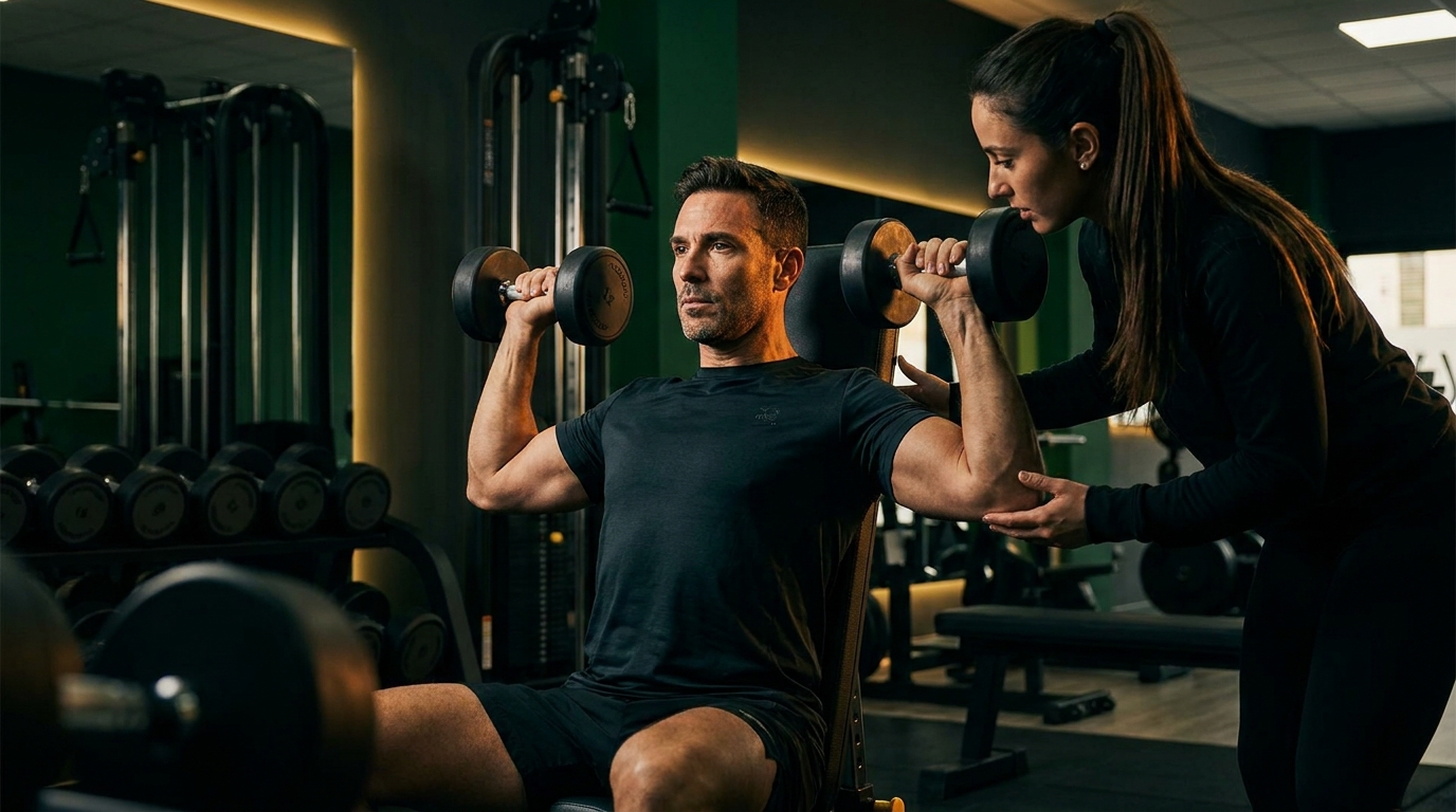 Atleta haciendo press de hombros con mancuernas sentado mientras una entrenadora corrige la postura en un gimnasio oscuro con detalles verdes y dorados