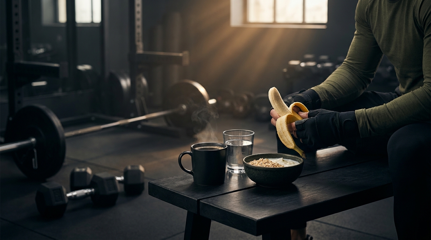 Persona preparando una merienda preentreno con café, plátano y agua junto a material de fuerza en un gimnasio oscuro con detalles verdes y dorados