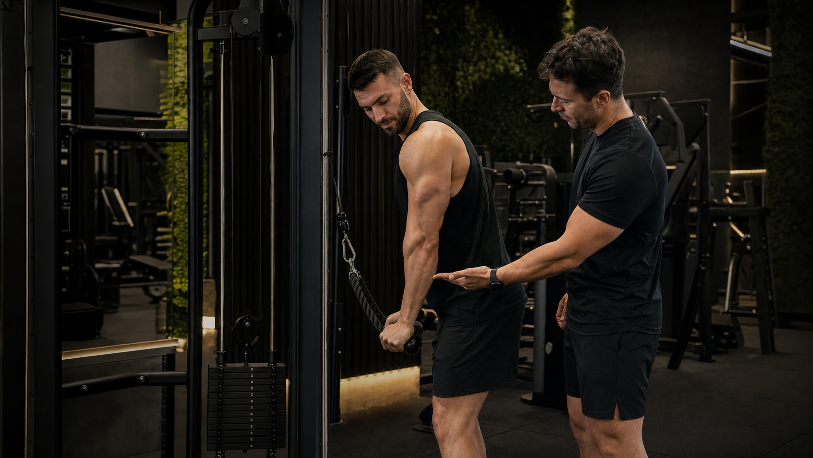 Persona haciendo extensión de tríceps en polea mientras un entrenador supervisa la técnica en un gimnasio oscuro con detalles verdes y dorados