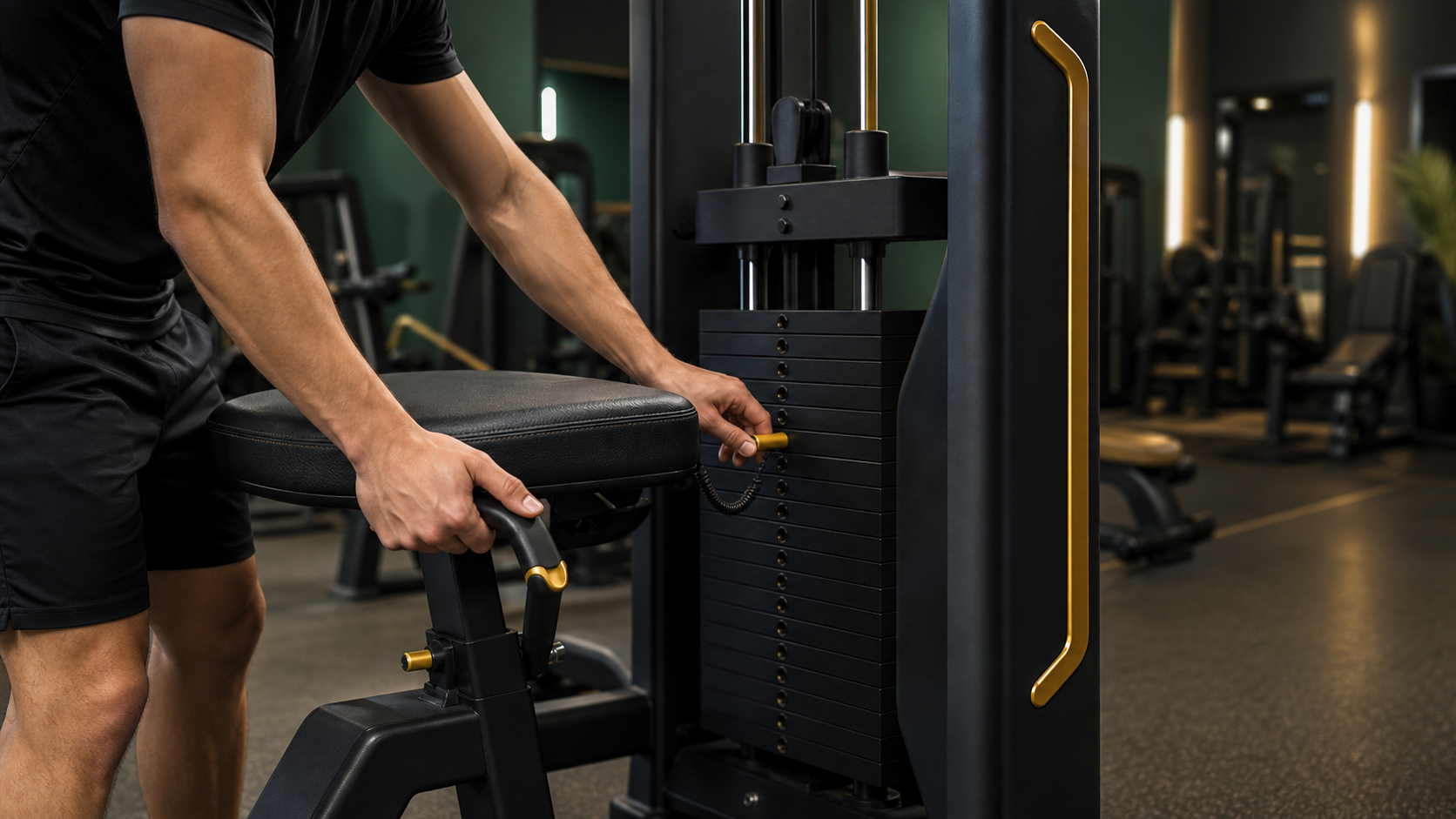 Persona ajustando el asiento y el selector de peso de una máquina guiada en un gimnasio oscuro con detalles verdes y dorados
