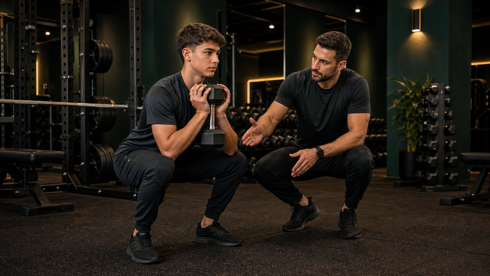 Adolescente haciendo una sentadilla goblet con mancuerna mientras un entrenador supervisa su técnica en un gimnasio oscuro con detalles verdes y dorados