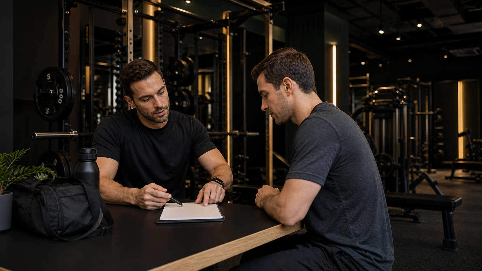 Entrenador revisando un cuaderno de planificación con un nuevo socio junto a una bolsa de gimnasio en una sala de fuerza oscura con iluminación verde y dorada