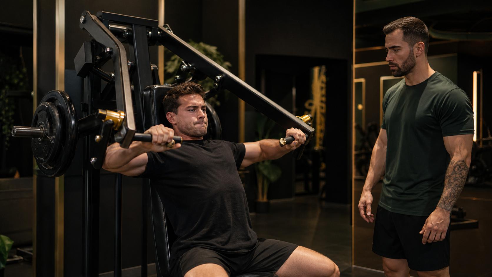 Hombre completando una repetición exigente en una máquina de press de pecho mientras un entrenador observa su técnica en un gimnasio oscuro