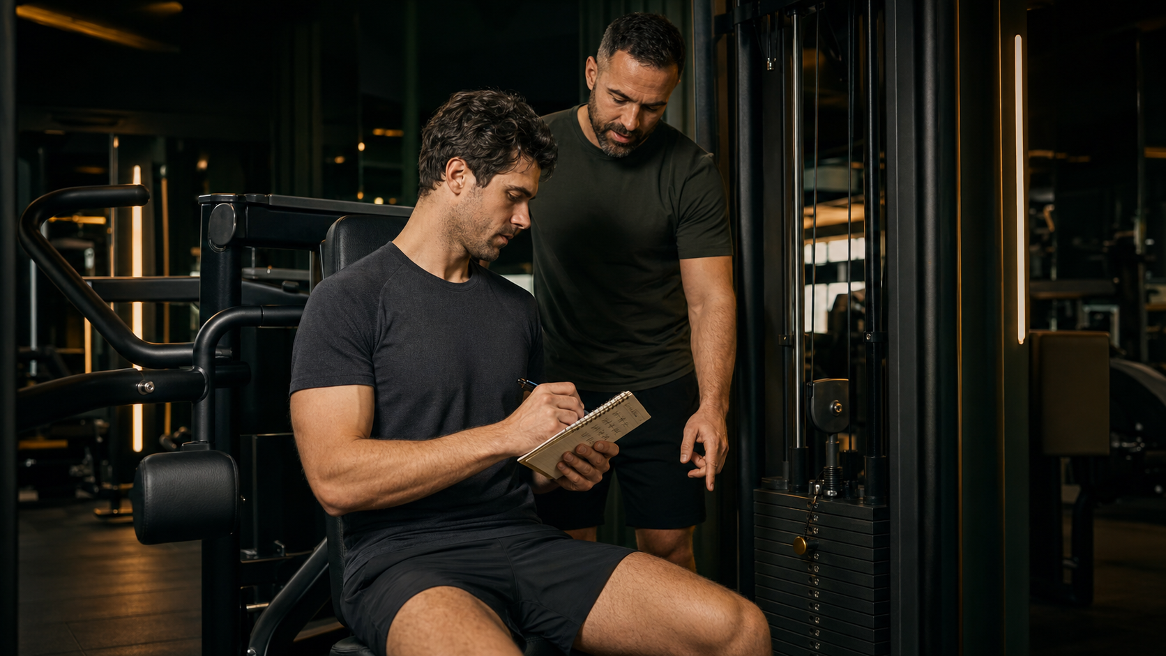 Alumno anotando sus repeticiones en una libreta junto a una máquina de fuerza mientras un entrenador revisa la carga seleccionada en un gimnasio oscuro